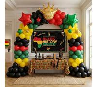 Black History Month Decorations Kit - Red Black Green Yellow Balloon Garland Arch Kit with Large Backdrop Star Crown Foil Balloons for Pan African American Black History Month Decorations