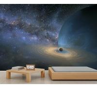 Black Hole Wall Mural Sci-Fi Cosmic Planet Mural Wall Sticker Cosmic Galaxy Mural Golden Planetary Rings Murals Not Peel and Stick Space Landscape Wallpaper for Bedroom 250 x 175 cm