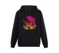 Black Hoodie - Sunset Palm Tree - Outrun Synthwave New Retro Wave Cartoon Hoody Men Hoodies Size M