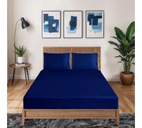 Black Horse 3 Pcs Satin Fitted Sheet and 2 Pillowcases - Breathable Non-Iron- 40 cm Deep Pocket Satin Silky Bed Sheet-Color & Size Name - (Navy-Blue, King)