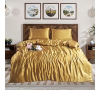 Black Horse 3Pcs Premium Silk Satin Duvet Cover Set - Silky Soft Duvet Cover & Pillowcases 2 Pack - Cool, Breathable, Hypoallergenic Bedding for Luxurious Comfort (KING-DULL-GOLD)