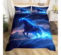 Black Horse Duvet Cover King Size,Blue Lightning Comforter Cover with 2 Pillowcase for Teens Adults,Kids Galloping Horse Bedding Set,Horse Breathable 3 Pcs Decorative Bed Cover(No Comforter)