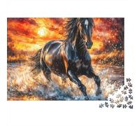 Black Horse Galloping 1000 Piece Jigsaw Puzzle Black Wolf Silhouette at Sunset- Family Puzzle Game for Adults And Kids 38x26cm/1000pcs