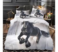 Black horse galloping 3D Pattern Comforter Cover 3-Piece Premium Microfibre Stain-Resistant Winter landscape Quilt Cover 2 Pillow Shams Zippered Closure Bed Ensemble Family & Guests King（220x240cm）