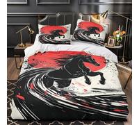 Black horse galloping 3D Print Comforter Cover 3-Piece Premium Microfibre Stain-Resistant Japanese ink Quilt Cover 2 Pillow Shams Zippered Closure Bed Ensemble Family Guests Super king（260x220cm）