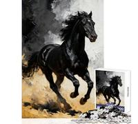 Black Horse Galloping Painting Jigsaw 1000 Pieces for Teenagers Improve Overall Mental Performance Mindful Soothing Leisure Game (38x26cm)