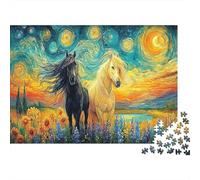 Black Horse Galloping Through Fire And Water Thick Paper Two Horses in Starry Night-style Sunflower Field Jigsaw Puzzle Bundle Decorative Family Game 38x26cm/1000pcs
