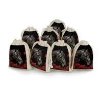 Black Horse on A Background of Red Roses 8 PCS Cotton Drawstring Bags Reusable Muslin Bags Natural Cotton Bag with Drawstring Small Jewelry Pouch for Party Wedding Fabric Gift Bag for Spice Herb Candy