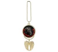 Black Horse on A Background of Red Roses Car Pendant, Rear View Mirror Hanging Ornament, Auto Decor for Rearview Mirror, Keychain Golden-Style