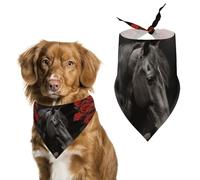 Black Horse on A Background of Red Roses Dog Bandana Washable & Adjustable Triangle Scarf, Breathable Pet Scarf for Small Medium Large Pets, Cute Fashion Pet Accessory