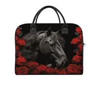 Black Horse on A Background of Red Roses Laptop Tote Bag Casual Travel Handbag Multi Pocket Shoulder Bags for Work Travel