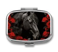 Black Horse on A Background of Red Roses Pill Box 2 Compartment, Portable Pill Case with Mirror for Pocket Purse Travel, Mini Metal Medicine Organizer for Vitamins Fish Oil