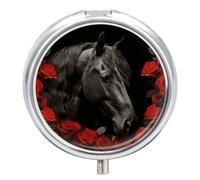 Black Horse on A Background of Red Roses Printed Pill Box Pill Container Portable Medicine Pill Case Metal Travel Pill Box Vitamin Container with 3 Compartment Medicine Case