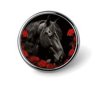 Black Horse on A Background of Red Roses Round Badge Personalized Metal Lapel Pin Badges Fit Clothing Bags Hat Humorous Printed Brooch Badge Party Decorations Accessories for Men Women