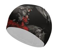 Black Horse on A Background of Red Roses Swim Cap for Adult, Elastic Fabric Swimming Cap, Comfortable Bathing Cap for Long & Short Hair