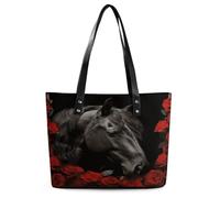 Black Horse on A Background of Red Roses Tote Bag Large Soft Leather Purse with Zipper Lightweight Ladies Shoulder Handbag