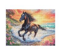 Black Horse on Flowery Beach 500 Pc Classic Jigsaw Puzzle Puzzle for Adults Hard Challenging Hobby Home Decor Poster Sturdy Creativity & Gift Giving 500 PCS