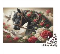 Black Horse Roses Jigsaw Puzzles 1000 Piece Recycled Paper for Adults Puzzle for Adults Hard Difficult Challenging Family Game Fun Home Activity Great Gift Idea 38x26cm/1000pcs