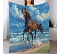 Black Horse Running On The Beach Flannel Fleece Blanket 180x220cm, Retro Oil Painting Animal Flannel Blanket for All Seasons Warm Blankets Home Decor, Blue
