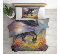 Black Horse Single Bed Duvet Cover Set 2 Piece with 1 Pillowcase, Floral Galloping Horse Patterned Bedroom Decor Bedding, Soft Microfibre Quilt Cover with Zip YK-105