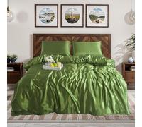 Black Horse Surrey 3-Pcs Premium Silk Satin Duvet Cover,Silky Bedding Set - Cool, Breathable, and Luxuriously Soft Duvet Cover with Pillowcases.(DOUBLE OLIVE-GREEN)