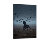 Black Horse with Crows Wall Art, Mystic Print, Ethereal Poster, Atmospheric Canvas Picture Artistic Wall Mural Modern Hanging Decor Poster12x18inch(30x45cm)