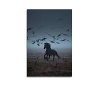 Black Horse with Crows Wall Art, Mystic Print, Ethereal Poster, Atmospheric Canvas Picture Artistic Wall Mural Modern Hanging Decor Poster24x36inch(60x90cm)