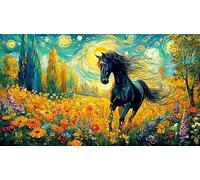 Black horse with golden tack galloping through a colorful forest 1000 Piece Jigsaw Puzzle - Fun Present Great Gift Idea Wall Decoration for Adults 38x52/1000pcs