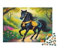 Black Horse with Golden Tack Galloping through A Colorful Forest Jigsaw Puzzles Puzzle for Adults Kids. 1000 Pieces Impossible Challenge Toy Educational Games Home Decoration for Educational Games Gi