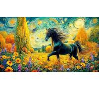 Black horse with golden tack galloping through a colorful forest Recycled Paper 1000Pc Puzzle for Adults - Fun Present & Family Activity Wall Decoration Gift 75x50/1000pcs