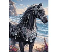 Black Horse with Jewels on The Beach 300 Piece Pack Classic Jigsaw Puzzle Wildlife Pet Couple Puzzle Partners Ultra Difficult Wall Decor Easter New Year Paperboard Material 300 PCS