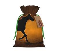 Black Horses Red Glowing Clouds Print Christmas Burlap Drawstring Gift Bags Reusable Gift Bags, Holiday Packaging With Rustic Charm