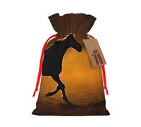 Black Horses Red Glowing Clouds Print Christmas Burlap Drawstring Gift Bags Reusable Gift Bags, Holiday Packaging With Rustic Charm