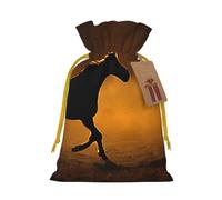 Black Horses Red Glowing Clouds Print Christmas Burlap Drawstring Gift Bags Reusable Gift Bags, Holiday Packaging With Rustic Charm