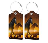 Black Horses Red Glowing Clouds Printing,Luggage Tags Pu Leather Name Tag Travel Suitcase Identifier ID Tags Durable Luggage Label 2 pcs