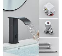 (Black Hot Cold A) Black Sensor Basin Faucet Bathroom Automatic Sensor Watefall Faucet Touchless Free Touch Sink Tap Ho