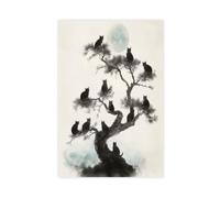 Black Ink Kitten on A Pine Tree Under The Moonlight Canvas Poster Bedroom Decor Landscape Office Room Decor Gift 8" L X 12" W