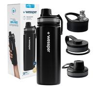 Black insulated water bottle, 500ml stainless steel, leak-proof, 3x lids