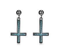 Black Inverted Cross Dangle Drop Earrings Sterling Silver Upside Down Cross Earrings Turquoise Earring Religious Jewelry Gifts for Men Women