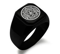 Black IP Plated Stainless Steel Aztec Mask Rune Symbol Engraved Square Flat Top Biker Style Polished Ring, Size U 1/2