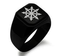 Black IP Plated Stainless Steel Chaos Symbol Engraved Square Flat Top Biker Style Polished Ring, Size Z