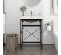 Black Iron Bathroom Washbasin Frame, Powder-Coated, 59x38x83 cm, with White Ceramic Built-in Basin, Overflow, Freestanding Vanity with Sink