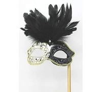 BLACK IVORY & GOLD VENETIAN MASQUERADE PARTY EYE MASK WITH LONG FEATHERS ON A STICK