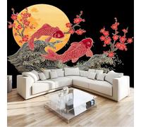 Black Japanese Style Ukiyo-E Koi Fish Waves Photo Wallpaper - 400 x 280 cm Non-Woven Premium Print Wall Mural, Large Feature Wall Decoration for Living Room Bedroom Office Dining Room Kid's Room