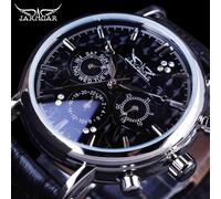 (black) Jaragar Brand Men Automatic Self Wind Mechanical Watch White 3 Dials Calendar Blue Hands Simple Business Leather Band Wristwatch