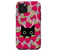 Black Kawaii Cat with Daisies & Strawberries Case for iPhone 11 Pro
