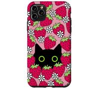 Black Kawaii Cat with Daisies & Strawberries Case for iPhone 11 Pro Max