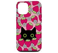 Black Kawaii Cat with Daisies & Strawberries Case for iPhone 12/12 Pro