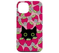 Black Kawaii Cat with Daisies & Strawberries Case for iPhone 13