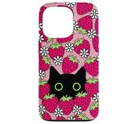 Black Kawaii Cat with Daisies & Strawberries Case for iPhone 13 Pro